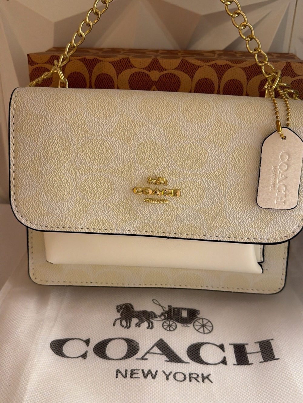 Coach Cream Signature Flap Shoulder Bag with Gold Chain Strap